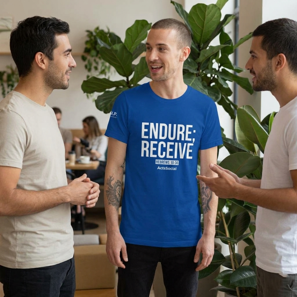 “Stay the Course. Claim the Promise.” – ENDURE; RECEIVE – Hebrews 10:36 – ActsSocial Premium Unisex Tee