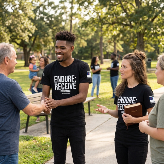 “Stay the Course. Claim the Promise.” – ENDURE; RECEIVE – Hebrews 10:36 – ActsSocial Premium Unisex Tee